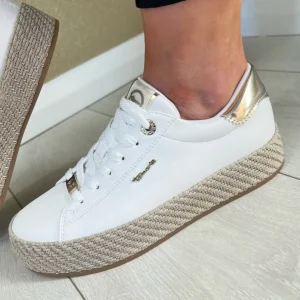 Tamaris White/Gold Combination Laced Trainer 23713-42-190
