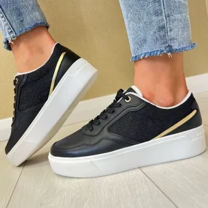 Tommy Hilfiger Black/White/Gold Platform Monogram Trainer 08121