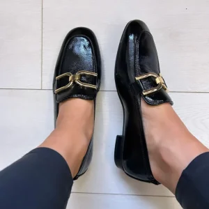 Unisa Ladies Black Patent Leather Gold Chain Loafer Shoe BAXTER