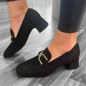 Unisa Ladies Black Suede Leather Gold Chain Heeled Shoe LOSIE