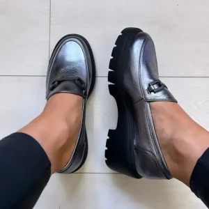 Unisa Ladies Dark Grey Leather Wedge Loafer Shoe JAZZ