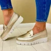 Unisa Ladies Gold Metallic Chain Platform Loafer Shoe FAMO