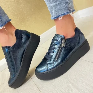 Waldläufer Ladies Navy Metallic Flatform Laced/Zip Trainer NICKY 733021