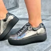 Waldläufer Ladies Pewter Metallic Flatform Laced/Zip Trainer NICKY 733021