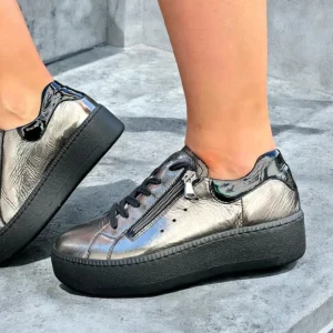 Waldläufer Ladies Pewter Metallic Flatform Laced/Zip Trainer NICKY 733021