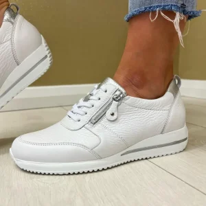 Waldläufer Ladies White/Silver Leather Lightweight Laced/Zip Trainer 980007