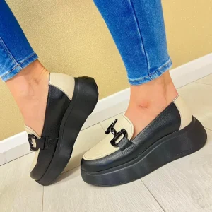 Wonders Ladies Black/Cream Leather Chunky Sole Loafer Shoe A-3604
