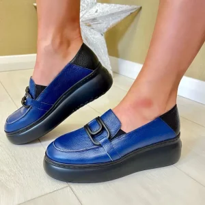 Wonders Ladies Blue/Black Combination Platform Wedge Loafer Shoe A-2641