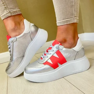 Wonders Silver/Coral Combination Bungee Lace Slip-On Trainer A-3625