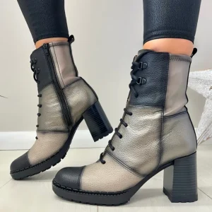 Hispanitas Ladies Black/Taupe Combination Laced/Zip Heeled Ankle Boot 222265