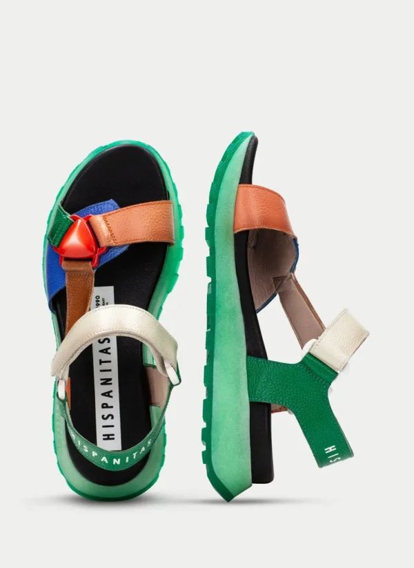 Hispanitas Ladies Green/Multi Colour Leather Velcro Sandal 253896