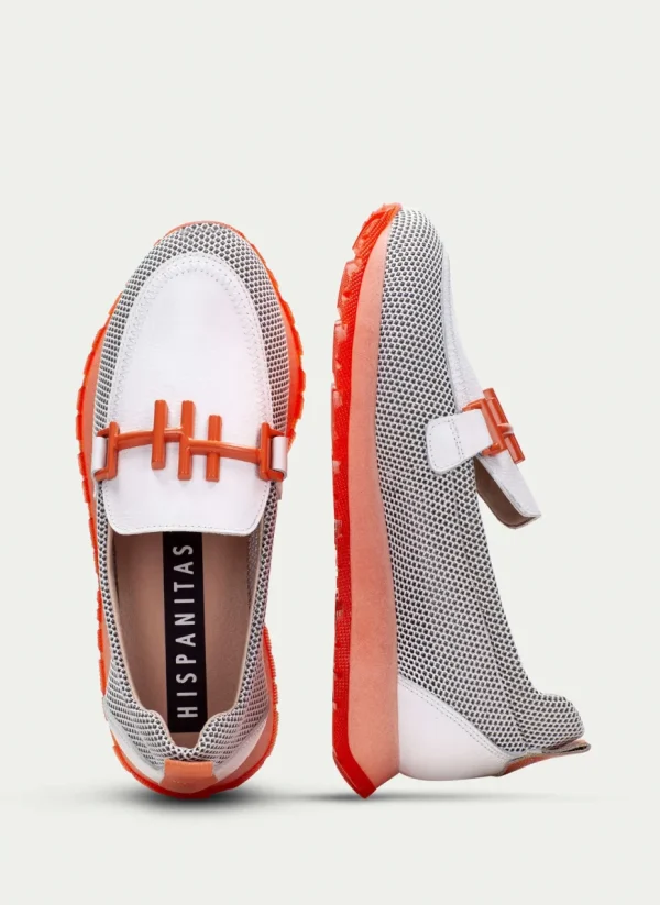 Hispanitas Ladies White/Coral Combination Leather Chain Loafer Shoe 253919