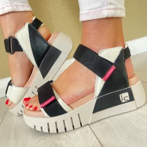Jose Saenz Ladies Beige/Black Velcro Chunky Sole Sandal 4200-COMB