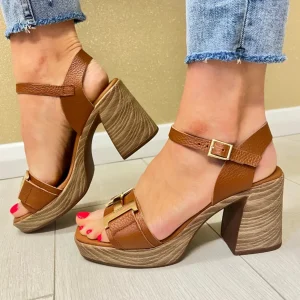Oh My Sandals Ladies Tan Soft Leather Gold Chain Heeled Sandal 5636