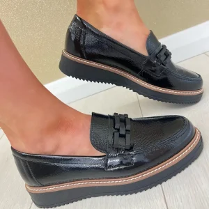 Pitillos Ladies Black Patent Slip-On Chain Loafer Shoe 10070