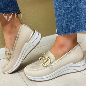 Remonte Ladies Beige/Metallic Wedge Gold Chain Loafer Shoe R0T12-60