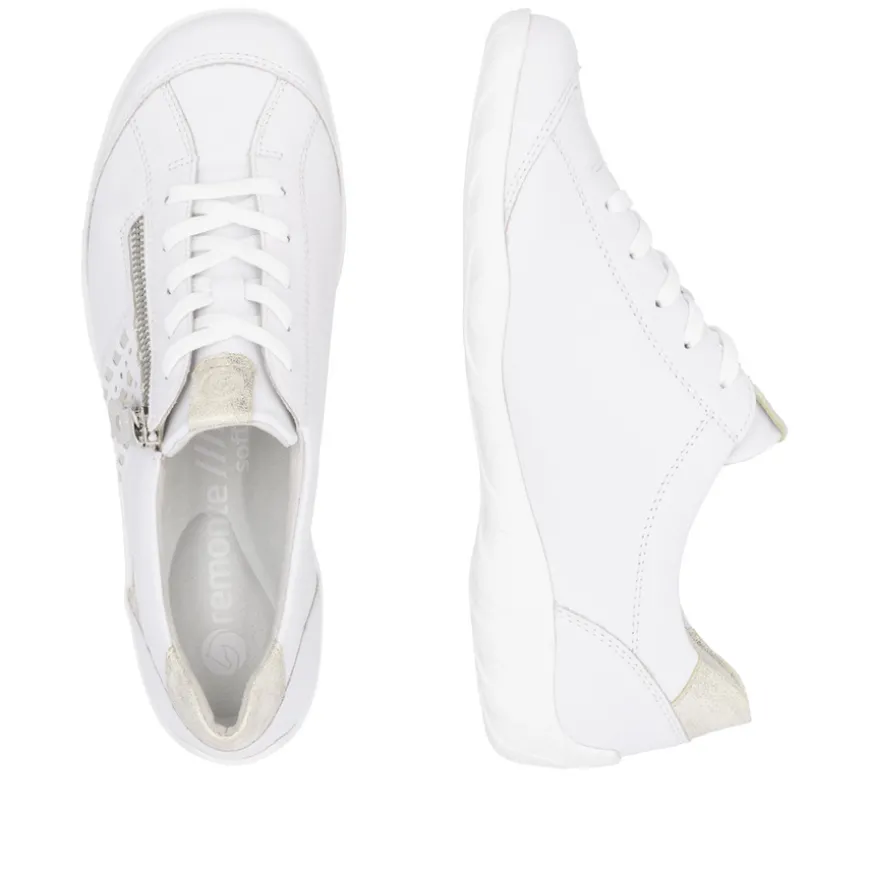 remonte_ladies_whitegold__1.webp Remonte Ladies White/Gold Leather Laced/Zip Trainer R3404-82