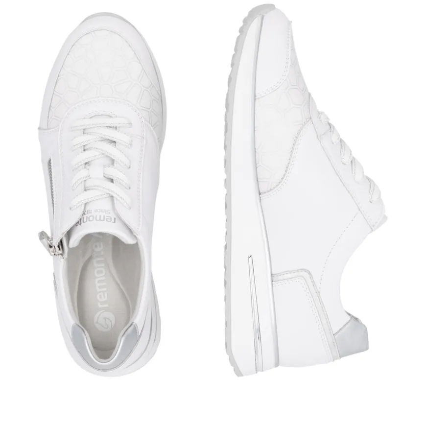 remonte_ladies_whitesilve_1.webp Remonte Ladies White/Silver Lightweight Laced/Zip Trainer D1G10-80