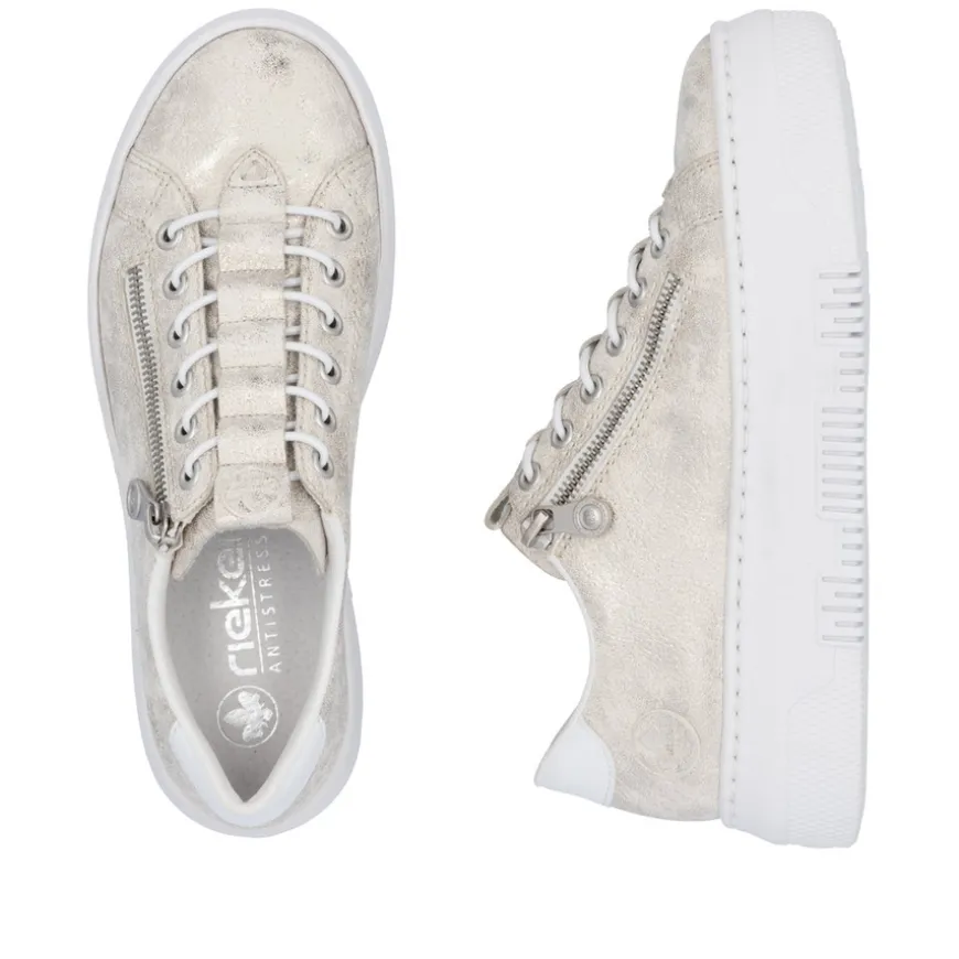 rieker_ladies_beigegold_l_1.webp Rieker Ladies Beige/Gold Lightweight Bungee Lace/Zip Trainer M1953-60