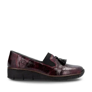 Rieker Ladies Burgundy Patent Tasselled Low Wedge Shoe 53751-35