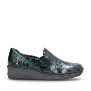 Rieker Ladies Green Multi Patent Low Wedge Shoe 48752-92