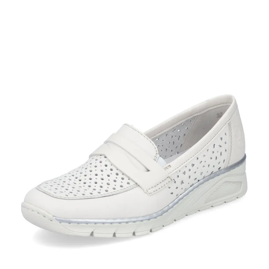 rieker_ladies_off_white_s_0.webp Rieker Ladies Off White Slip-On Low Wedge Loafer Shoe N3356-80