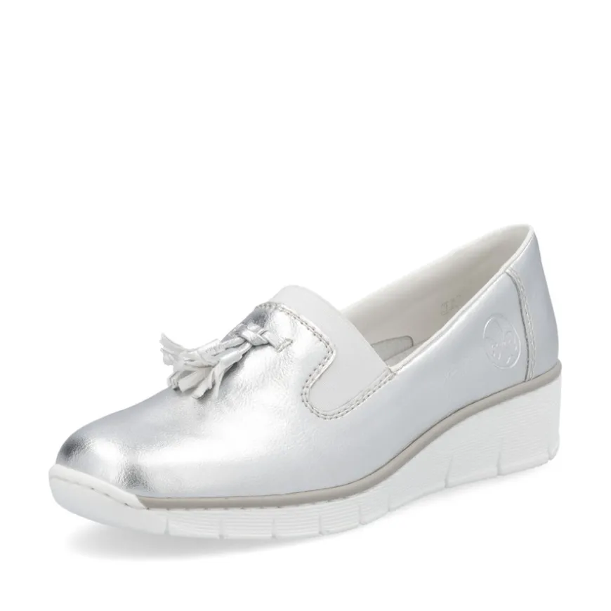 rieker_ladies_silver_meta_0.webp Rieker Ladies Silver Metallic Tasseled Wedge Loafer Shoe 53751-90