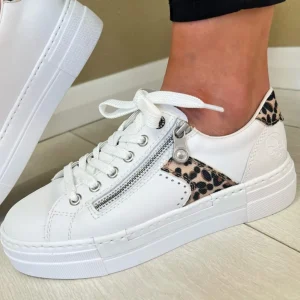 Rieker Ladies White/Leopard Combination Lace/Zip Trainer N4924-81