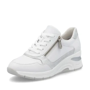 Rieker Ladies White/Silver Combination Lace/Zip Wedge Trainer N9301-80