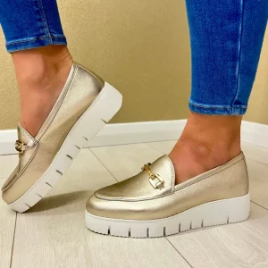 Unisa Ladies Gold Metallic Chain Platform Loafer Shoe FAMO
