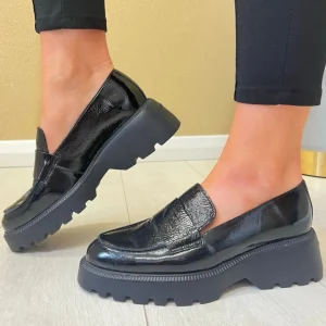Wonders Ladies Black Patent Leather Chunky Sole Loafer Shoe C-7202