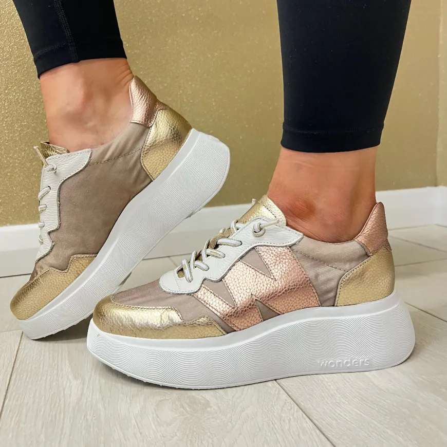 wonders_platinumgold_mesh_0.webp Wonders Platinum/Gold Mesh Combination Bungee Lace Slip-On Trainer A-3622