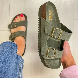 XTI Ladies Khaki Faux Suede Buckles Mule Sandal 142552